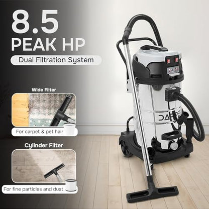 Dapper Supply 21 Gallon 8.5 Peak HP Wet/Dry Vacuum, Stainless Steel Tank, 2 in 1 Function Portable Shop Vacuum with Attachments, Built-in Drain Ideal for Jobsite, Garage & Workshop. - size: 21 Gal