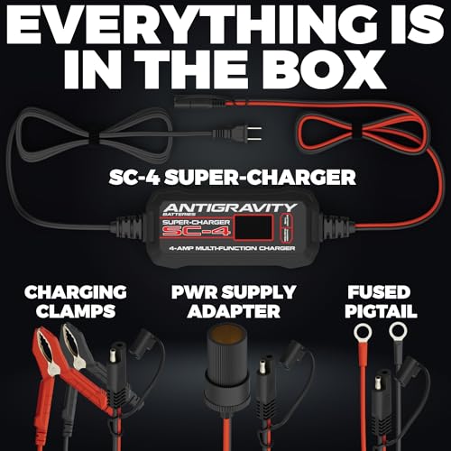 Antigravity SC-4 Super-Charger 4A Smart Battery Charger & Maintainer for 6V/12V Lithium (LiFePO4) & 12V Lead-Acid Batteries – Wall-Powered, LCD Display, Voltage Tester, BMS Reset