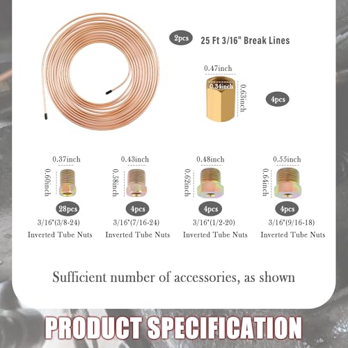 2 Sets 3/16 Brake Lines Kit,25 Ft Flexible Copper Brake Line 3/16 with Brakes Line Fittings(32pcs Fittings,8pcs Nuts,4pcs Unions),Multi-purpose Copper Tubing for Braking,Fuel Systems