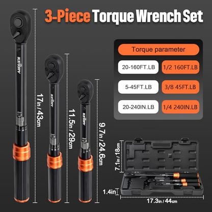 Kerry 1/4 3/8 1/2-Inch 3PCS Drive Click Torque Wrench Set, 3% Accuracy 20-240 in.Lb, 5-45 ft.Lb, 20-160 ft.Lb Dual-Scales Precision Tool, 72 Tooth Dual-Direction Calibrated Torque Tool for Bike, Car - size: 3pcs 1.67-20 FT.LB, 5-45 FT.LB, 20-160 FT.LB, st