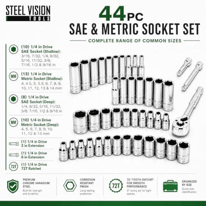 Steel Vision Tools 44-Piece 1/4" Drive SAE & Metric Socket Set, Shallow & Deep, Chrome Finish, 72T Ratchet & Extensions, Mechanic Tool Kit for Automotive & DIY Repair - size: 1/4"_SAE&Metric_44pc