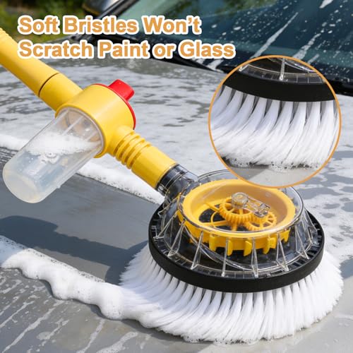 Rotating Car Wash Brush with Hose Attachment, Car Wash Brush with Long Handle & Soap Dispenser, Water-Powered 360° Spin Wash Brush Kit with Spray Gun & 5-Pattern Nozzle for Cars, RVs, Trucks