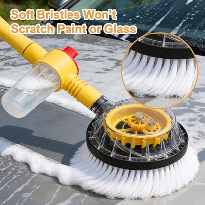 Rotating Car Wash Brush with Hose Attachment, Car Wash Brush with Long Handle & Soap Dispenser, Water-Powered 360° Spin Wash Brush Kit with Spray Gun & 5-Pattern Nozzle for Cars, RVs, Trucks