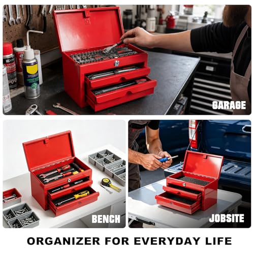 JACK BOSS Mini Tool Box with Two Drawers,Small Metal Tool Box with Lockable Top Storage,Multi-Purpose Portable Tool Boxes Case Organizer,Small Tool Chest with PVC Mats,L10.8"×W6.6"×H7",Red - color: Red
