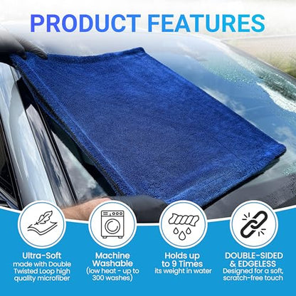 Polish Pro Microfiber Car Drying Towel, Set of 3pcs: X-Large 35"x 24" + Small 16"x16" + Free Wash Mitt, Ultra Absorbent, Microfiber Drying Towel for Cars. 1400GSM.
