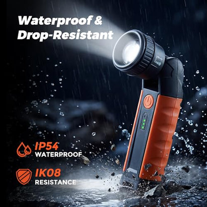 Rechargeable Flashlights High Lumens, LED Flashlight with Zoomable & 180° Swivel Head, 3 Brightness Modes, IP54 Waterproof IK08 Impact-Resistant Magnetic Flashlight for Emergency, Camping, Home Use