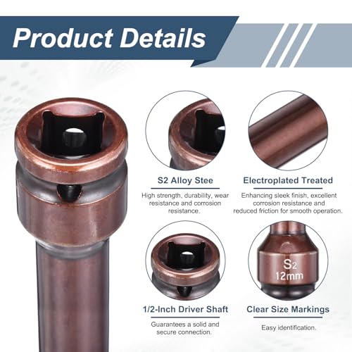 HARFINGTON 2pcs Impact Hex Bit Socket 1/2" Drive 12H (12mm) Hex Bits 6" Length S2 Steel Metric Impact Wrench Socket Adapter Tool for Automotive Repair Industrial Construction and Home DIY - size: H12 x 1/2" x 6"