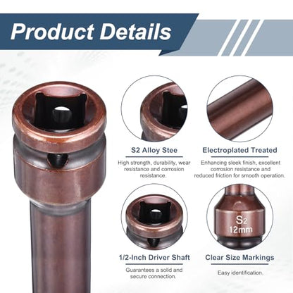 HARFINGTON 2pcs Impact Hex Bit Socket 1/2" Drive 12H (12mm) Hex Bits 6" Length S2 Steel Metric Impact Wrench Socket Adapter Tool for Automotive Repair Industrial Construction and Home DIY - size: H12 x 1/2" x 6"