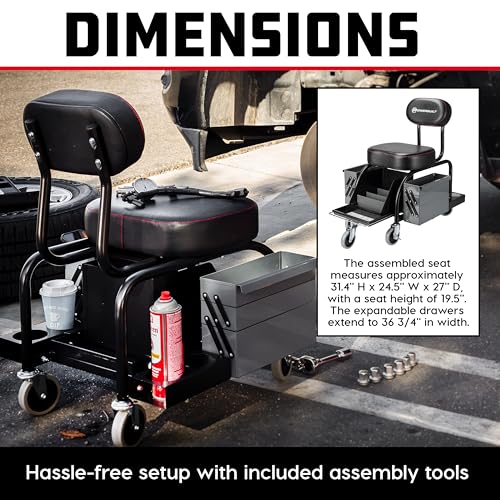 Powerbuilt Professional Mechanics Roller Seat, Heavy Duty Padded Detailer Seat and Backrest, Sliding Storage Drawers, Tool Tray, Can Holders, 4-Inch Swivel Wheels