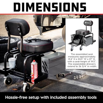 Powerbuilt Professional Mechanics Roller Seat, Heavy Duty Padded Detailer Seat and Backrest, Sliding Storage Drawers, Tool Tray, Can Holders, 4-Inch Swivel Wheels