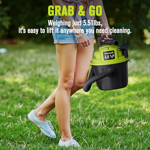 2.5 Gal Shop Vac, 1.5 HP Mini Wet Dry Vacuum with Blower, YWDV25B | 3-in-1 Portable Compact Shop Vacuum with 15ft Reach & Attachments for Car, Garage, Home