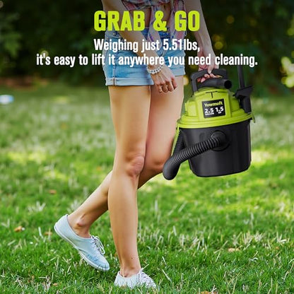 2.5 Gal Shop Vac, 1.5 HP Mini Wet Dry Vacuum with Blower, YWDV25B | 3-in-1 Portable Compact Shop Vacuum with 15ft Reach & Attachments for Car, Garage, Home
