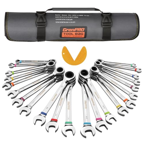 GRENPRO Ratchet Wrenches Set, 22Pcs 72-Tooth Combination Wrench Set with Roll up Pouch, SAE & Metric and Standard, 1/4" to 3/4" & 6mm to 18mm with Color Ring, CR-V Socket Mechanic Hand Tools Sets