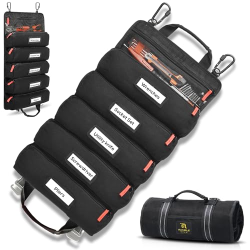 Roll up tool bag with Carabiners - 5 Large Oversized Pockets with Labels-Tool roll bag organizer - Canvas foldable tool Bag organizer | Tool organizer bag for Mechanic, Electrician & more - color: Black