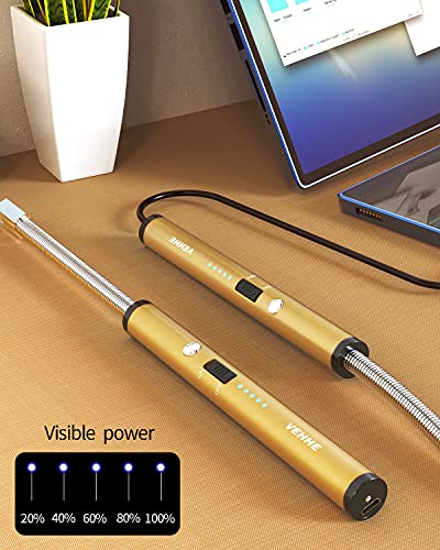 VEHHE Long Lighter, Rechargeable USB Arc Lighter with LED Battery Display Flexible Neck Lighters for Candles Grill Gas Stoves Camping Barbecue - color: Gold