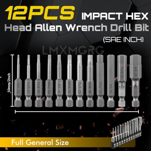 12PCS Hex Head Allen Wrench Drill Bit Set,SAE Hex Bit Set,1/4 Inch Square Shank Impact Hex CNC Machined Screwdriver Bits(50mm) - color: 12pcs Hex Head