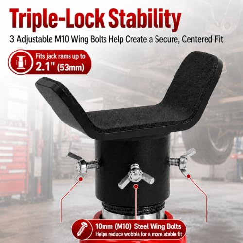 Bottle Jack Adapter with Triple-Lock, Fits 8-20 Ton Bottle Jacks up to 2.1" Ram Diameter, Heavy Duty 1/4" Steel Saddle for 3" to 5" Round Axle Tubes, for RVs, Trucks and Trailers - color: Black (10–20T)