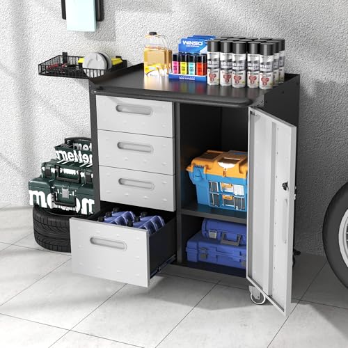 Metal Storage Cabinet for Garage, Tool Cabinet, Utility Cabinet | Wheeled, Rolling Tool Cabinet, 4 Drawers, 1 Door Lockable, Top Countertop, Assembly Required, Black & Grey - color: Black & Grey