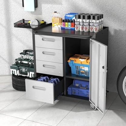 Metal Storage Cabinet for Garage, Tool Cabinet, Utility Cabinet | Wheeled, Rolling Tool Cabinet, 4 Drawers, 1 Door Lockable, Top Countertop, Assembly Required, Black & Grey - color: Black & Grey