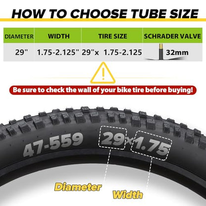2 Pack Bike Tube 12"/14"/16"/18"/ 20"/ 22"/24"/ 26"/27.5"/28"/29" | 1.75/1.95/2.10/2.125 Bicycle Tube with 2 Tire Levers, 32mm AV Schrader Valve, Butyl Rubber Inner Tube for Kids/Road/MTB Bike - style: 29" X 1.75/2.125 (2pack)