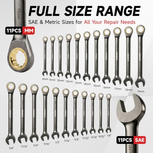 22-Piece Ratcheting Wrench Set, Ratchet Combination Wrenches Set with Organizer Box, Metric 8-19mm and SAE 1/4" to 3/4" Size, 12 Points 72-Teeth, Nickel Plating - size: Regular