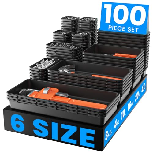 A-LuGei 【𝟲 𝗦𝗜𝗭𝗘 & 100PCS】 Tool Box Organizer Tray Set【Fits 100+ Tools】 Black Plastic Drawer Divider Desk Drawer Organizer Garage Organization for Rolling Tool Chest Cart Workbench Office Storage