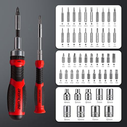 IRONCUBE Multi Ratcheting Screwdriver Set: 56 IN 1 Magnetic Bits & Sockets with Case for Emergency Use At Home - color: Red
