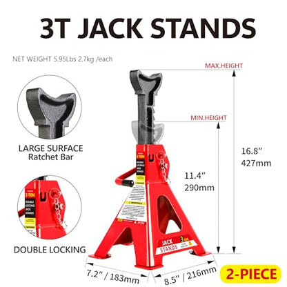 Red Hydraulic Trolley Service/2-Ton Floor Jack with 3T Jack Stands&Tire Repair Kit for Garages, Automotive, Heavy Duty Steel Racing Floor Jack with Single Piston Quick Lift Pump, Range 3.3"-15.2" - color: Red&Black-2T-Single Pump-1