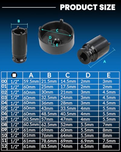 13pc Spindle Nuts Socket Kit Ball Joints Axle Locknut Remove Install Locking Hub Socket for KM Groove Nuts, 4 Teeth Exterior with 1/2'' 21.5mm 25mm 30mm 32.5mm 36mm 43mm 48.5mm 57mm 62.5mm 69mm 76mm