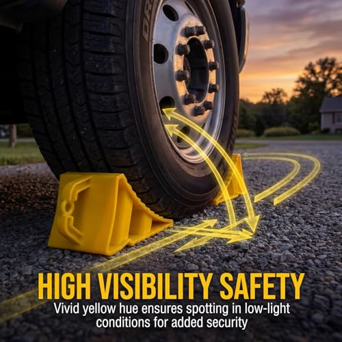 Covzoe 4 Pack Wheel Chocks for RV Trailer, Heavy Duty Wheel Stopper with Handle Easy Removal, Non Slip Tire Choke for Cars Campers Trucks RVs, Yellow