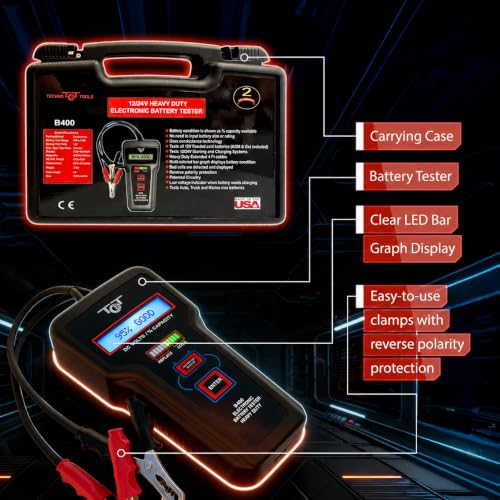 Professional Battery Tester - 12V Automotive Systems, Electronic Load Analyzer - Starter & Alternator Testing, 100–1700 CCA, Digital Voltage Meter, Made in USA, B400 by Tech Professional Service Tools - style: B400