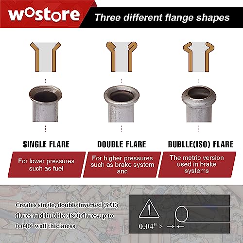 Wostore Brake Line Flare Kit, SAE Double & ISO Bubble, 7 Dies 3/16-5/8" | SAE double & ISO bubble flare tool with 7 dies (3/16-5/8"). Includes tubing cutter & pipe reamer. For brake line & fuel line. - size: Flaring tool