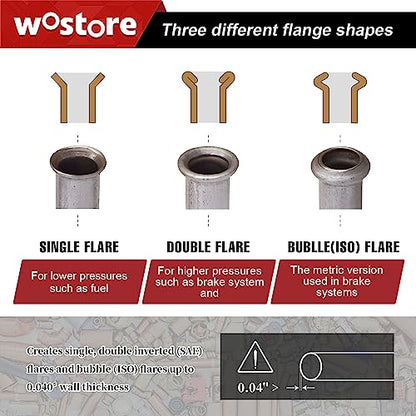 Wostore Brake Line Flare Kit, SAE Double & ISO Bubble, 7 Dies 3/16-5/8" | SAE double & ISO bubble flare tool with 7 dies (3/16-5/8"). Includes tubing cutter & pipe reamer. For brake line & fuel line. - size: Flaring tool