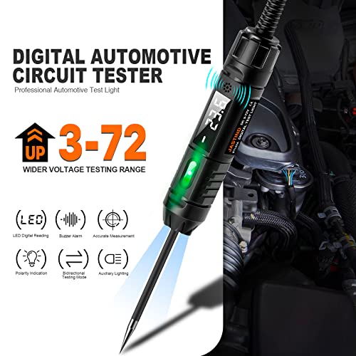 Heavy Duty 3-72V Digital LED Automotive Test Light, Circuit Tester with Polarity Indicate and Illuminating Lights, Car Truck Low DC Voltage Light Tester with Stainless Probe & 142 Inch Extended Wire