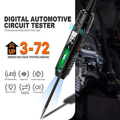 Heavy Duty 3-72V Digital LED Automotive Test Light, Circuit Tester with Polarity Indicate and Illuminating Lights, Car Truck Low DC Voltage Light Tester with Stainless Probe & 142 Inch Extended Wire