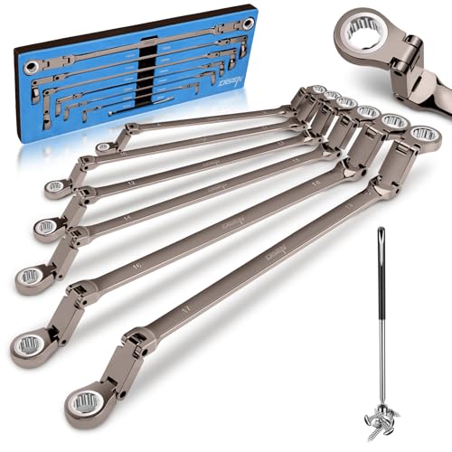 DISEN Upgraded Double Jointed Extra Long Flex Head Ratchet Wrench Set, 6 PCS Metric 8-19mm Box End Ratcheting Wrench set with Magnetic Pickup Tool, 72-Teeth, Cr-V Steel,12 Point, Grey Nickel - size: Double Jointed Set (Black Nickel)