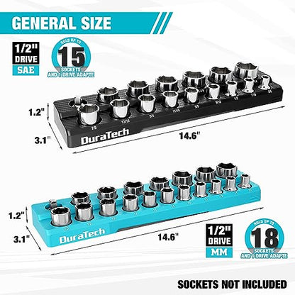 DURATECH Magnetic Socket Organizer Set, 1/2" Drive SAE & Metric Socket Holders, Tool Box & Cart, Holds 35 Sockets - size: 2pc 1/2" Metric&SAE