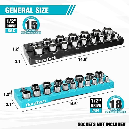 DURATECH Magnetic Socket Organizer Set, 1/2" SAE & Metric Socket Holders | Socket Trays, Tool Box, Tool Cart Organizer, Standard & Deep Sockets Organizer, Carbon Fiber, Prevent Scratching, 35-holder - size: 2pc 1/2" Metric&SAE