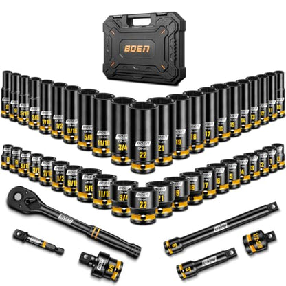 boen 3/8'' Drive Impact Socket Set, 50PCS Standard SAE (5/16 to 3/4 inch) and Metric (8mm-22mm), Deep & Shallow Size, 6-Point with Yellow Embossed Marking, CR-MO