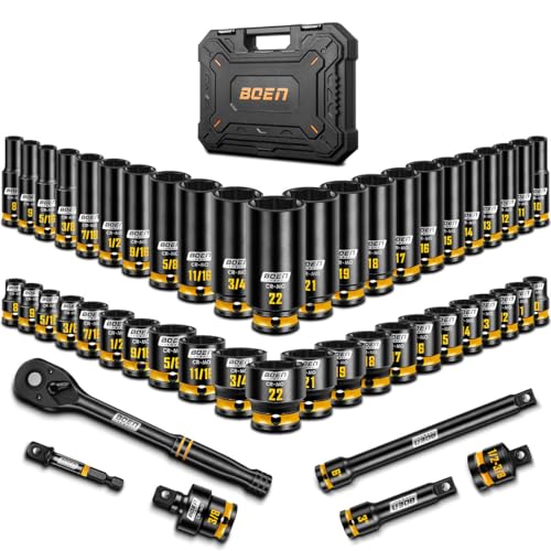 boen 3/8'' Drive Impact Socket Set, 50PCS Standard SAE (5/16 to 3/4 inch) and Metric (8mm-22mm), Deep & Shallow Size, 6-Point with Yellow Embossed Marking, CR-MO