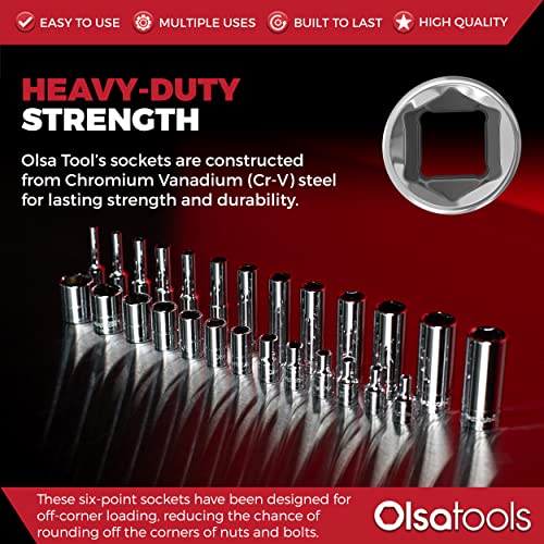 Olsa Tools SAE Shallow Socket Set - 3/8-Inch Drive, 13pc - 6-Point Chrome Sockets 1/4" to 1" and No Skipped Sizes - Mechanic Shallow SAE Socket Set - Professional Grade Short Sockets - Part: 1333 - color: Sae Shallow, size: 13pc, 3/8-Inch Drive
