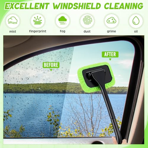FoldTier 8 Pcs Car Windshield Cleaner Tool Kit with Removable Handle, Microfiber Towel Pads, Brush, Empty Spray Bottle for Auto Glass Wiper Suvs Rvs & Home Windows(Green) - color: Green