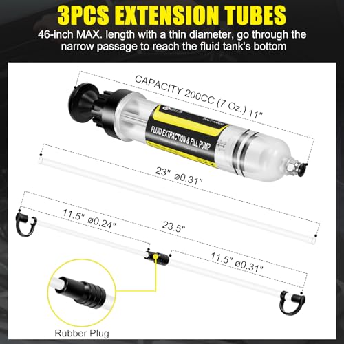 JIFETOR 200CC Automotive Fluid Extractor Fill Hand Pump Oil Change Syringe | Manual Liquid Transfer Tool with Total 46" Hose and Extension Tubes, for ATF Coolant Power Steering Fluid Gear Oil Engine Oil
