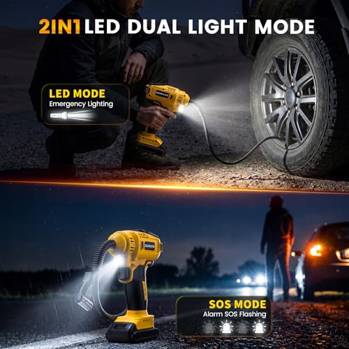 Tire Inflator Air Compressor Compatible with Dewalt 20V Battery, 150PSI Cordless Portable Air Pump with Digital & Auto Shut-Off, LED Light for Car Motorcycles Bike Ball (Tool Only) (Yellow)