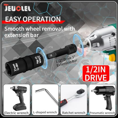 6PCS 1/2" Drive Flip Lug Nut Impact Socket Set, 8-IN-4 Socket Design Metric 17 19 21 22 mm and SAE 3/4 13/16 7/8 15/16 in Dual-End Thin Wall Nut Sockets, Double Sided Lug Nut Extractor