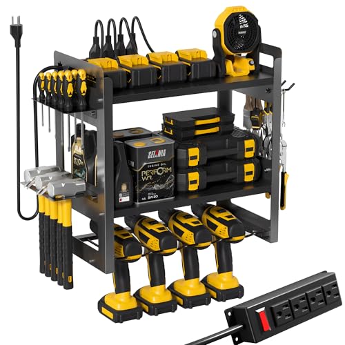 TOPRINCE Power Tool Organizer Wall Mount with Charging Station, 3-Tier Heavy Duty Metal Tool Rack with 4 Drill Holders and 6FT Power Strip, Garage Workshop Storage.Black - color: black