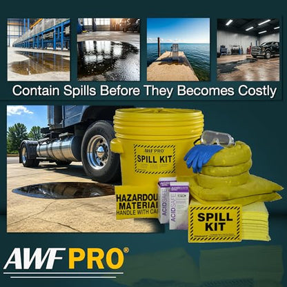 AWF PRO 20 Gallon Battery Acid Spill Kit, 59 Pieces | Includes DOT Approved 20 Gallon Drum, Sorbent Socks, Pads, & Pillows, & Accessories - size: Battery Acid Spill Kit