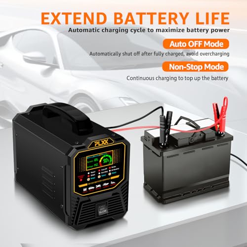 PLXX 12V 24V 0-15A Automatic Car Battery Charger Heavy Duty, Smart Trickle Charger, Battery Repairer with Auto Shut-Off, for Car Truck Motorcycle Boat RV Lawn Mower AGM Gel Wet MF Deep Cycle