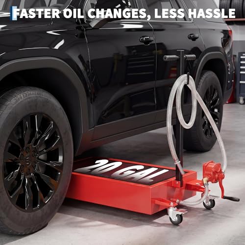 20 Gal Oil Drain Pan with Pump,Low Profile Rolling Oil Drain Cart with 8.2 ft Hose | with Manual Pump, Wheels & Folding Handle, Oil Drain Tank for Cars, SUVs, Trucks, Buses, RVs - color: National Flag-Red, size: 20 Gal with Manual Pump