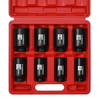 CASOMAN 1/2-Inch Drive Deep Spindle Axle Nut Impact Socket Set, 6 Point, CR-MO, SAE, 1" to 1-1/2", 8-Piece 1/2" Dr. Deep Impact Socket Set - size: 1/2" Dr. 8pcs (1" - 1-1/2")